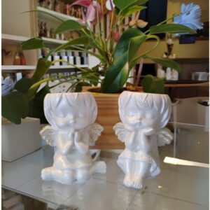 Anjo em Gesso Cerâmico Branco Perolado | castiçal