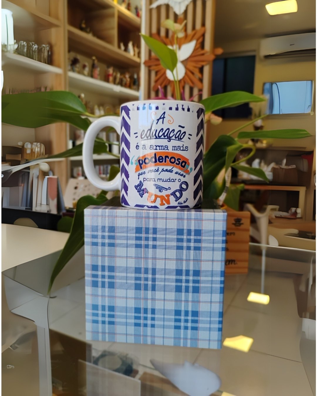 Caneca "A Educação é a Arma Mais Poderosa" com Caixa | Mãe de Deus Aju