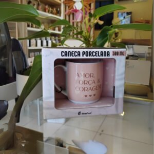 Caneca Rosa "Amor, Força & Coragem" 300ml | Brasfoot | Mãe de Deus Aju